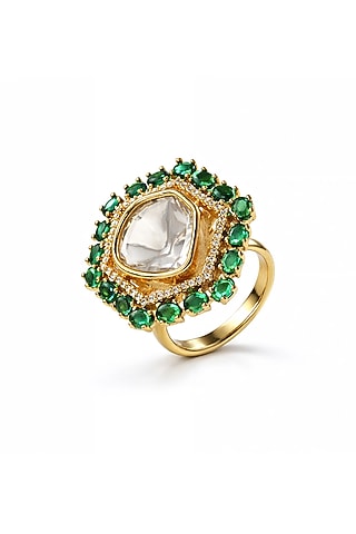 Gold Finish Kundan Polki & Emerald Stone Ring by Prestones