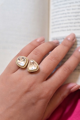 Gold Finish Kundan Polki & Cubic Zirconia Ring by Prestones