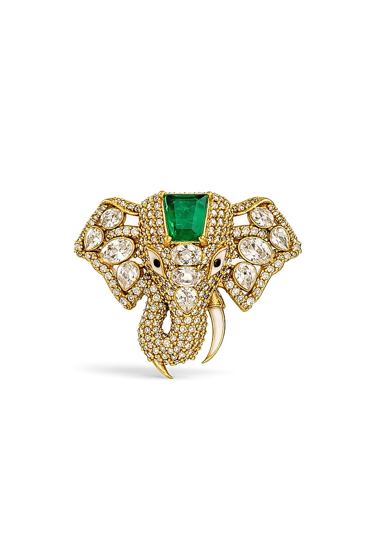 Gold Finish Crystal & Emerald Stone Brooch by Prestones at Pernia's Pop Up Shop