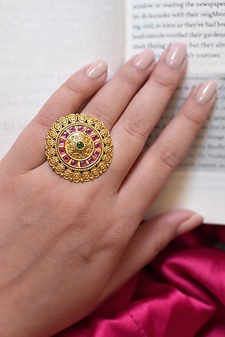 Gold Finish Kundan Polki & Ruby Stone Ring by Prestones