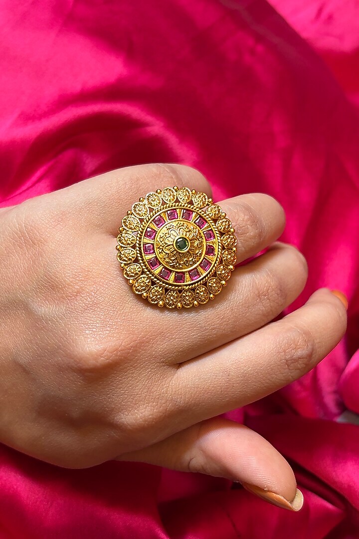 Gold Finish Kundan Polki & Ruby Stone Ring by Prestones at Pernia's Pop Up Shop