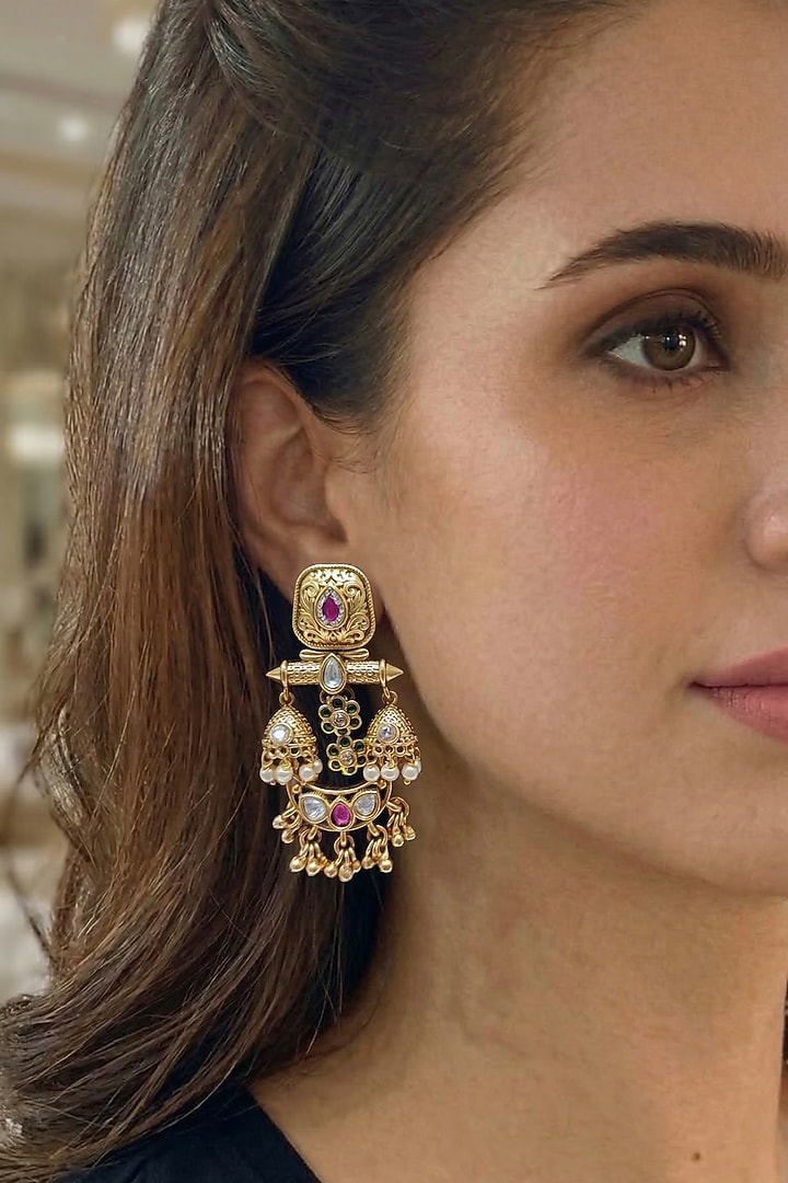 Gold Finish Pearl Drop & Ruby Stone Jhumka Earrings by Prestones at Pernia's Pop Up Shop