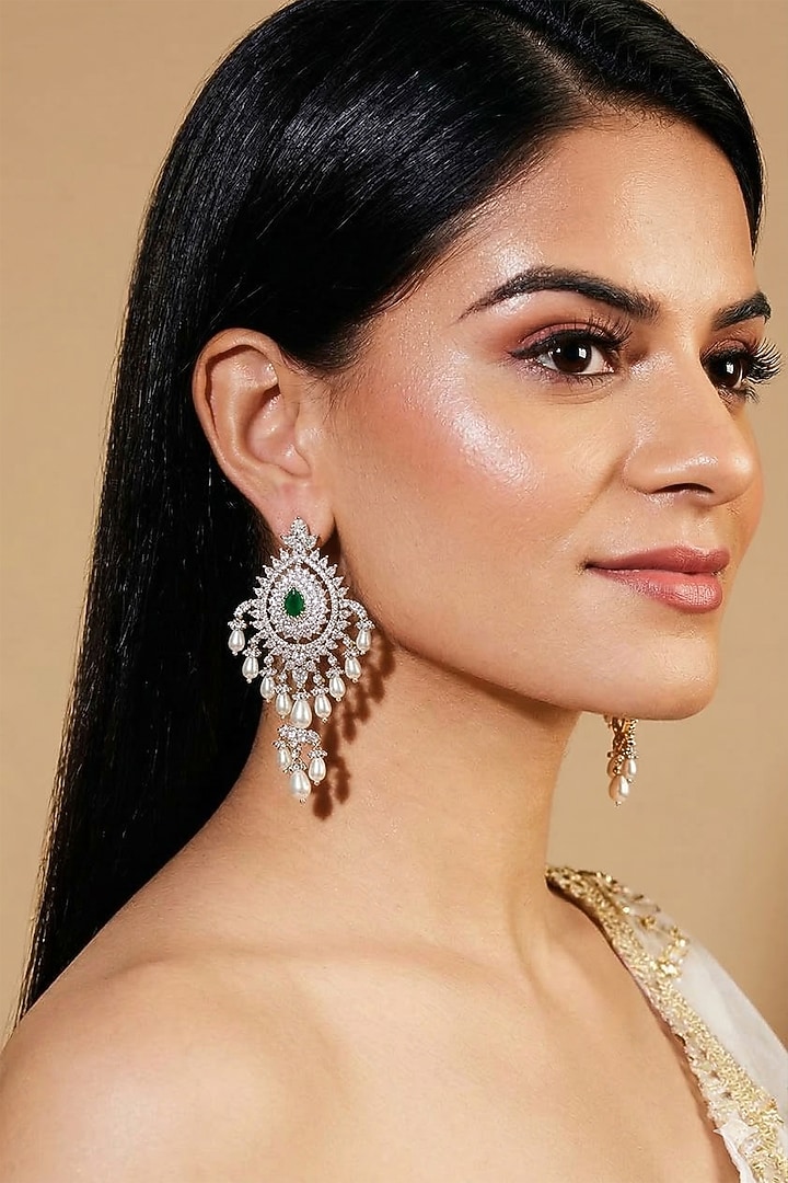 White Finish Pearl & Zircon Dangler Earrings by Prestones at Pernia's Pop Up Shop