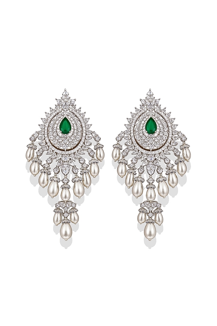 White Finish Pearl & Zircon Dangler Earrings by Prestones at Pernia's Pop Up Shop