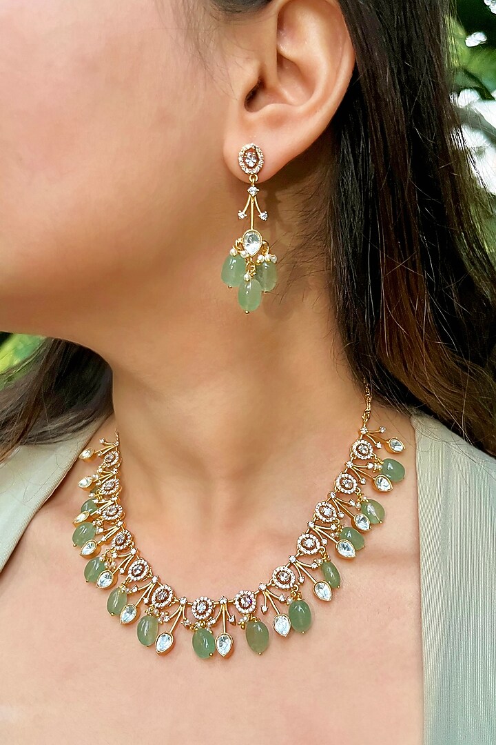 Gold Finish Jade Green Beaded & Kundan Polki Necklace Set by Prestones at Pernia's Pop Up Shop