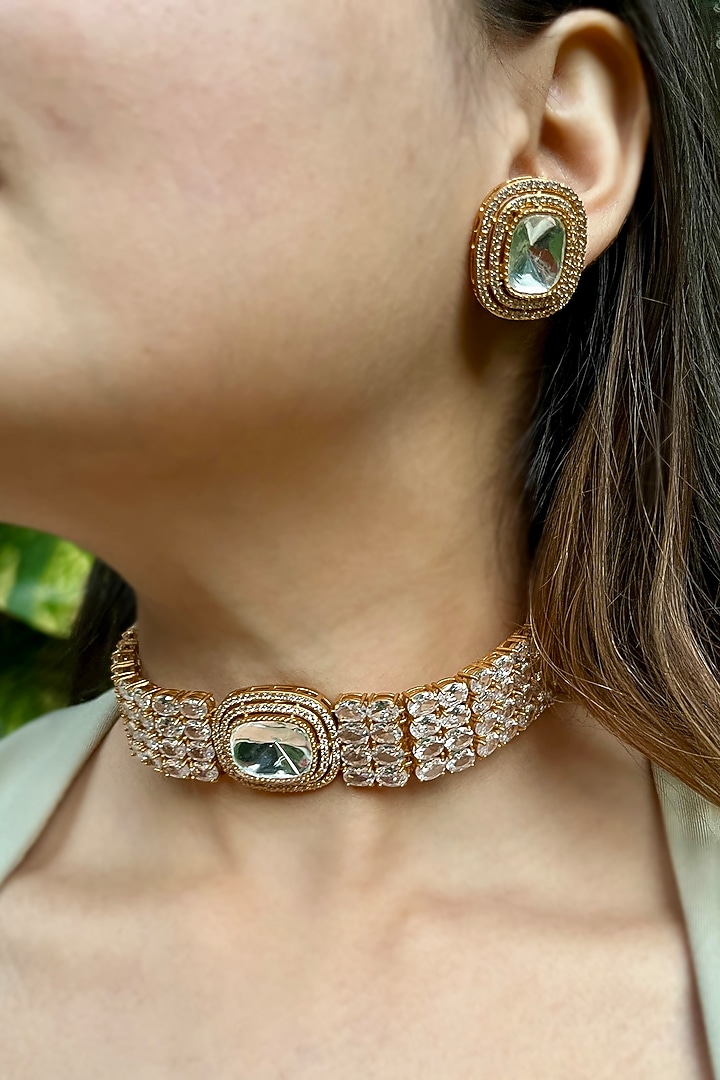 Gold Finish Zircon & Kundan Polki Choker Necklace Set by Prestones at Pernia's Pop Up Shop