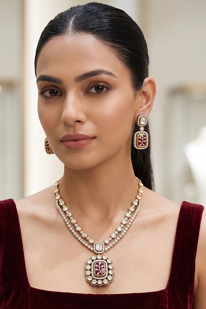 Gold Finish Red Zircon & Kundan Polki Layered Necklace Set by Prestones at Pernia's Pop Up Shop