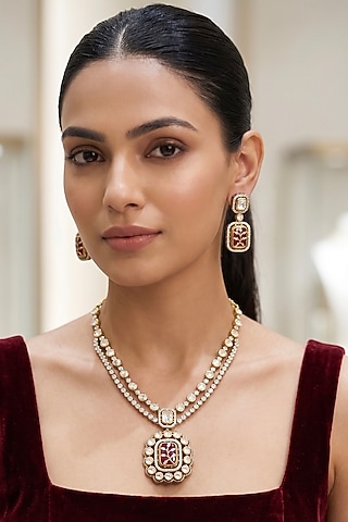Gold Finish Red Zircon & Kundan Polki Layered Necklace Set by Prestones