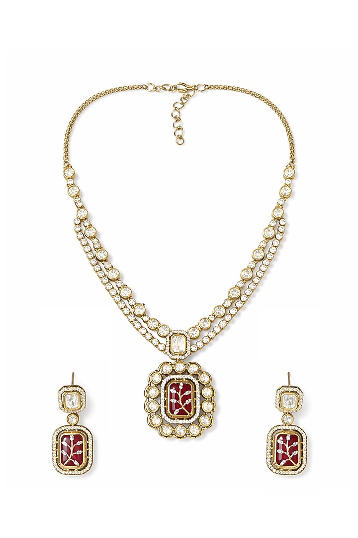 Gold Finish Red Zircon & Kundan Polki Layered Necklace Set by Prestones at Pernia's Pop Up Shop