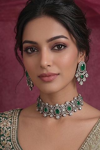 Black Rhodium Finish Zircon & Emerald Choker Necklace Set by Prestones
