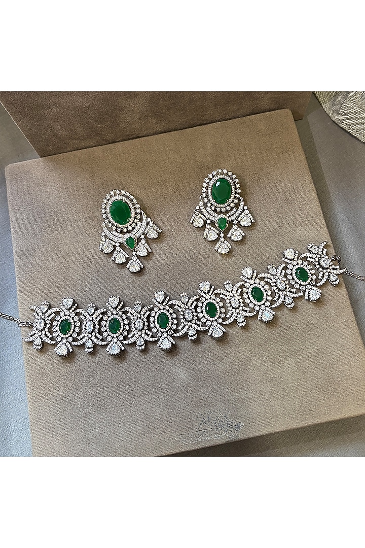 Black Rhodium Finish Zircon & Emerald Choker Necklace Set by Prestones at Pernia's Pop Up Shop