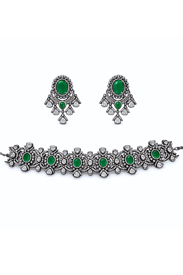 Black Rhodium Finish Zircon & Emerald Choker Necklace Set by Prestones at Pernia's Pop Up Shop