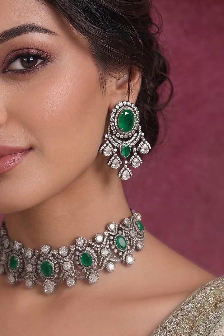 Black Rhodium Finish Zircon & Emerald Choker Necklace Set by Prestones at Pernia's Pop Up Shop