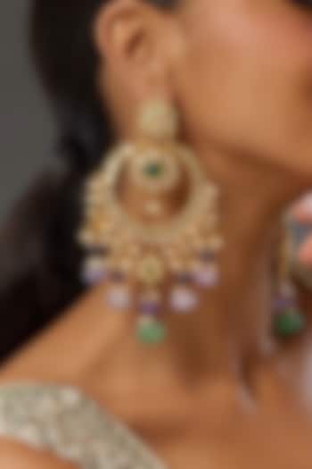 Gold Finish Crystal & Beaded Chandbali Earrings by Prestones at Pernia's Pop Up Shop
