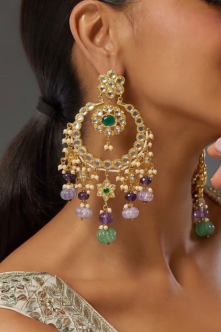 Gold Finish Crystal & Beaded Chandbali Earrings by Prestones at Pernia's Pop Up Shop