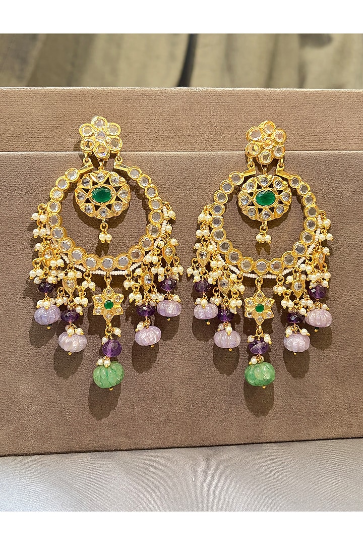 Gold Finish Crystal & Beaded Chandbali Earrings by Prestones at Pernia's Pop Up Shop