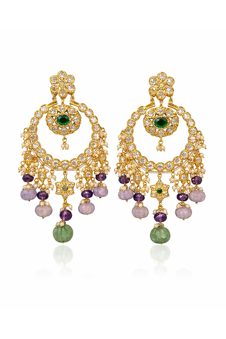 Gold Finish Crystal & Beaded Chandbali Earrings by Prestones at Pernia's Pop Up Shop