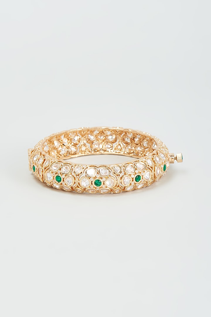 Gold Finish Kundan Polki & Emerald Stone Openable Bangle by Prestones at Pernia's Pop Up Shop