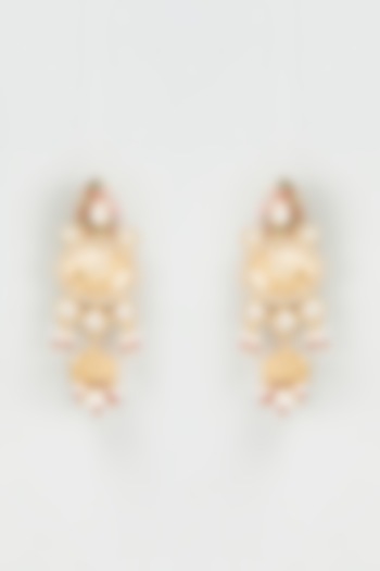 Gold Finish Pearls Red Enameled Dangler Temple Earrings by Prestones