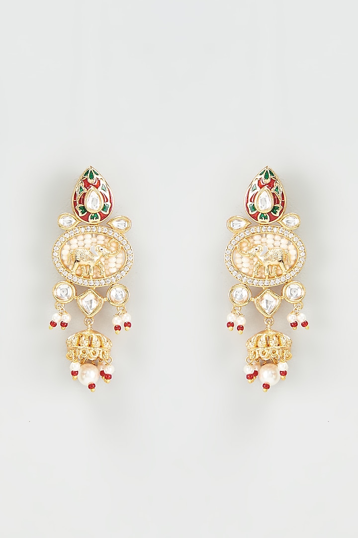 Gold Finish Pearls Red Enameled Dangler Temple Earrings by Prestones