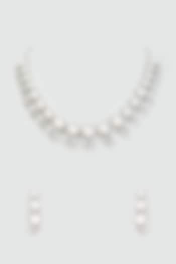 White Rhodium Finish Pearls & Zircons Necklace Set by Prestones at Pernia's Pop Up Shop