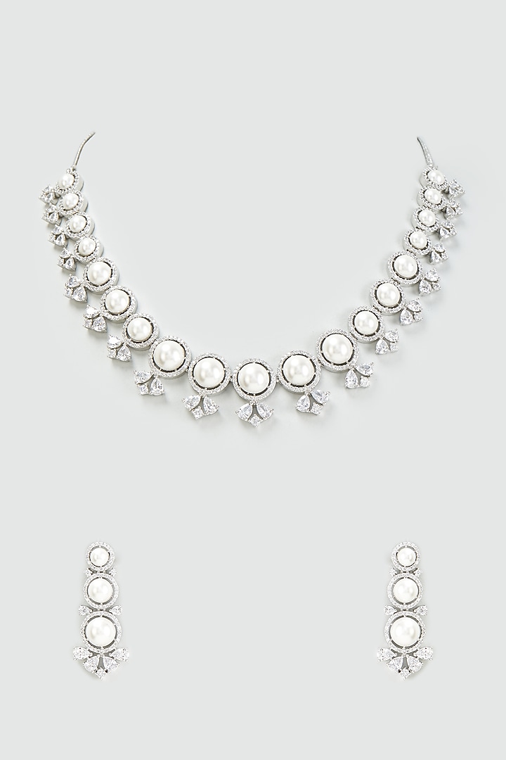 White Rhodium Finish Pearls & Zircons Necklace Set by Prestones at Pernia's Pop Up Shop