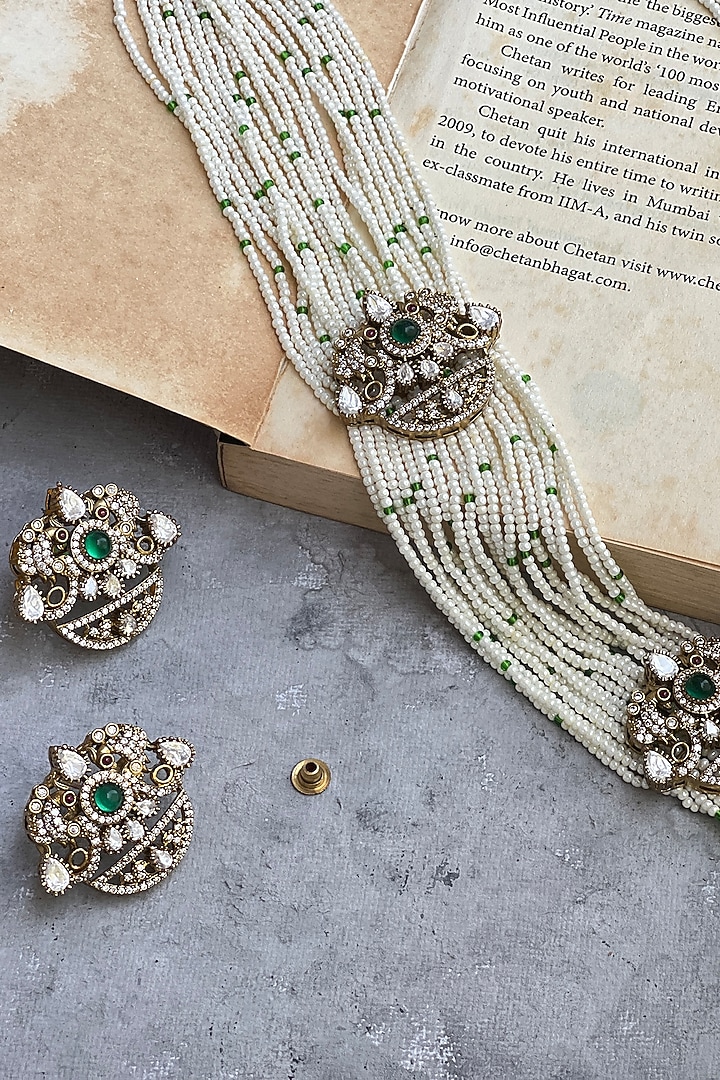 Gold Finish Kundan Polki & Pearl Long Necklace Set by Prestones at Pernia's Pop Up Shop