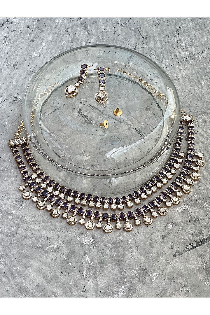 Antique Gold Finish Kundan Polki & Glass Amethyst Stone Long Necklace Set by Prestones at Pernia's Pop Up Shop