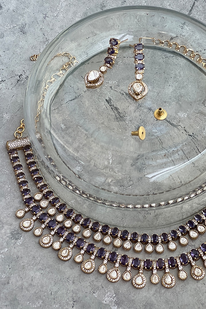 Antique Gold Finish Kundan Polki & Glass Amethyst Stone Long Necklace Set by Prestones at Pernia's Pop Up Shop