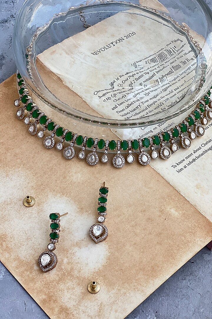 Gold Finish Kundan Polki & Green Stone Long Necklace Set by Prestones at Pernia's Pop Up Shop