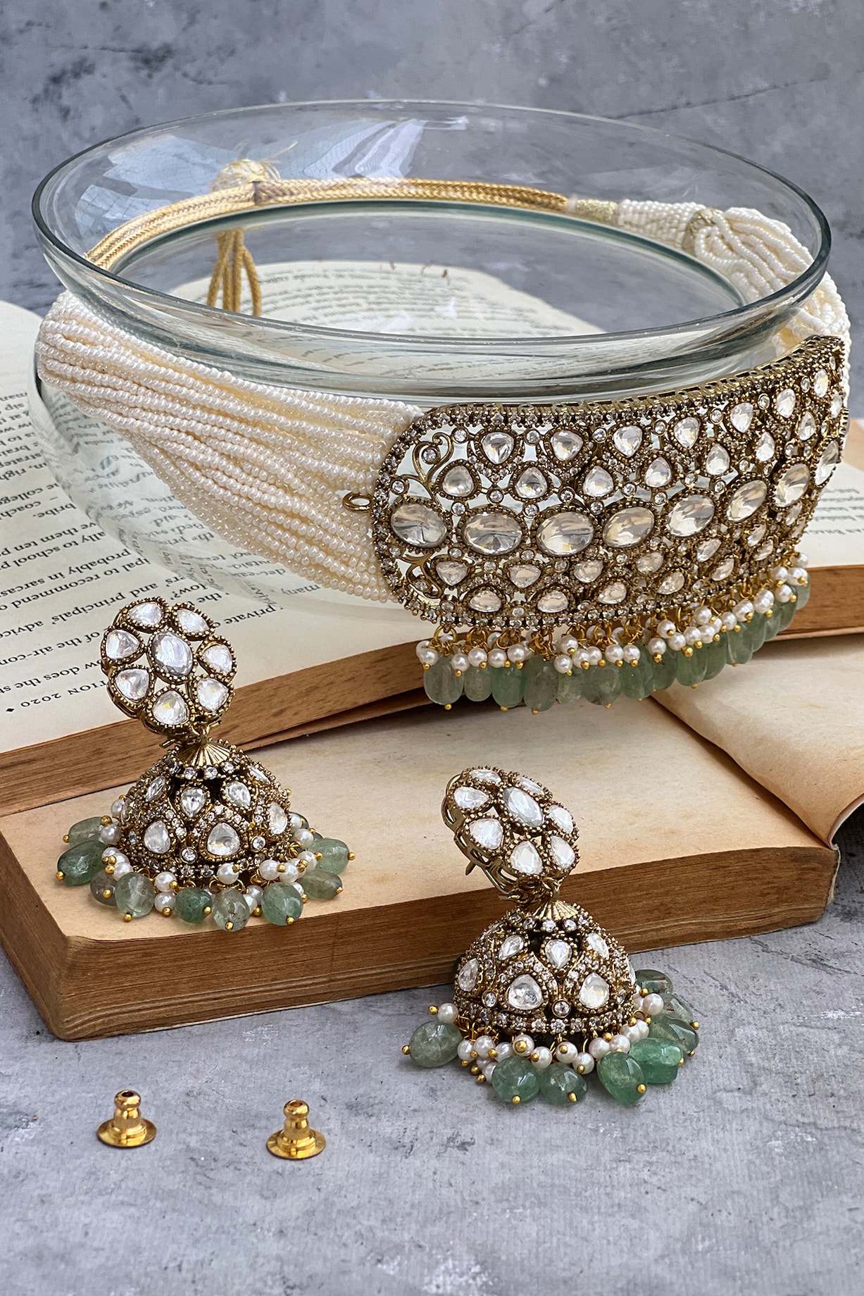 Gold Finish Kundan Polki Pearl Choker Necklace Set by Prestones