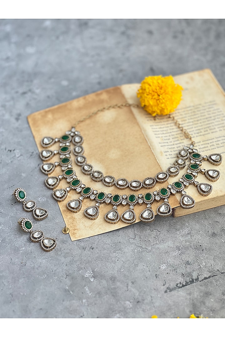 Gold Finish Kundan Polki & Green Stone Layered Necklace Set by Prestones at Pernia's Pop Up Shop