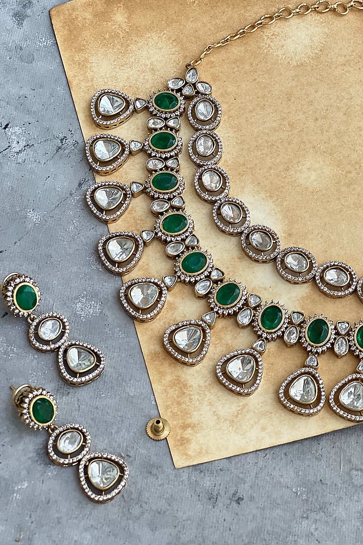 Gold Finish Kundan Polki & Green Stone Layered Necklace Set by Prestones at Pernia's Pop Up Shop