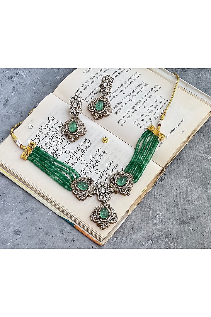 Gold Finish Kundan Polki & Jade Beads Choker Necklace Set by Prestones at Pernia's Pop Up Shop