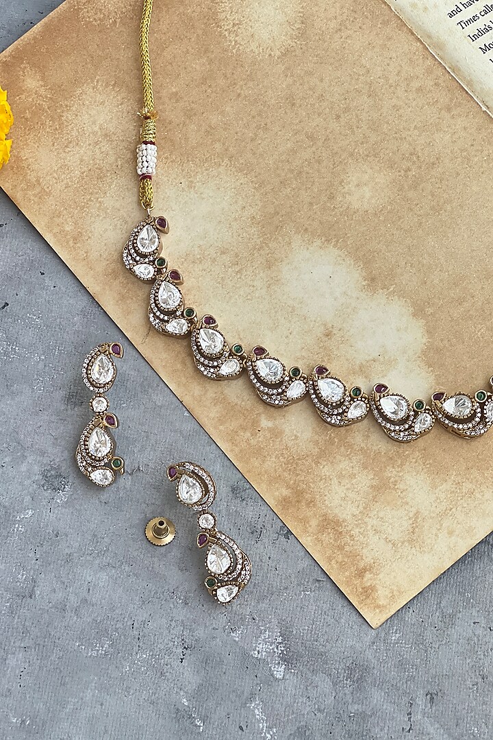 Gold Finish Kundan Polki Choker Necklace Set by Prestones at Pernia's Pop Up Shop