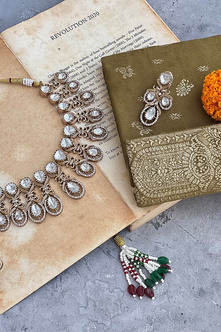 Gold Finish Kundan Polki Choker Necklace Set by Prestones at Pernia's Pop Up Shop