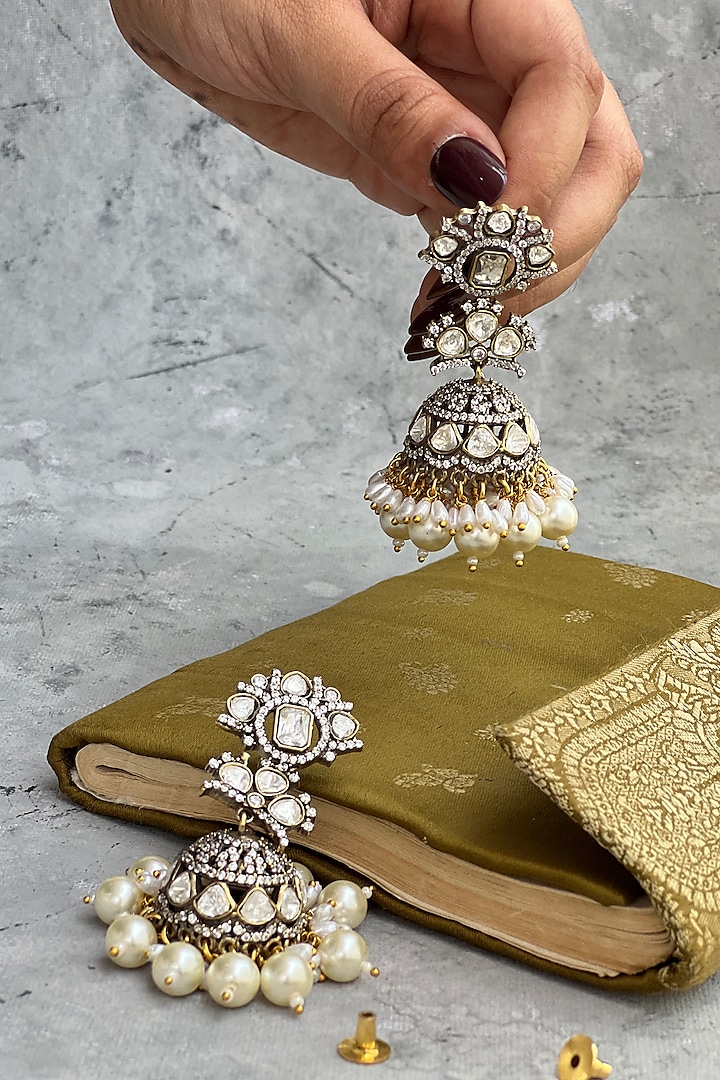 Antique Gold Finish Kundan Polki & Pearl Jhumka Earrings by Prestones