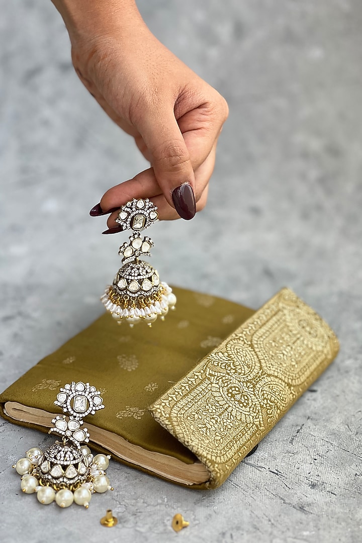 Antique Gold Finish Kundan Polki & Pearl Jhumka Earrings by Prestones at Pernia's Pop Up Shop