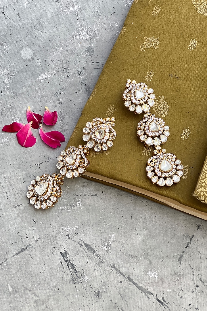 Gold Finish Kundan Polki Layered Earrings by Prestones