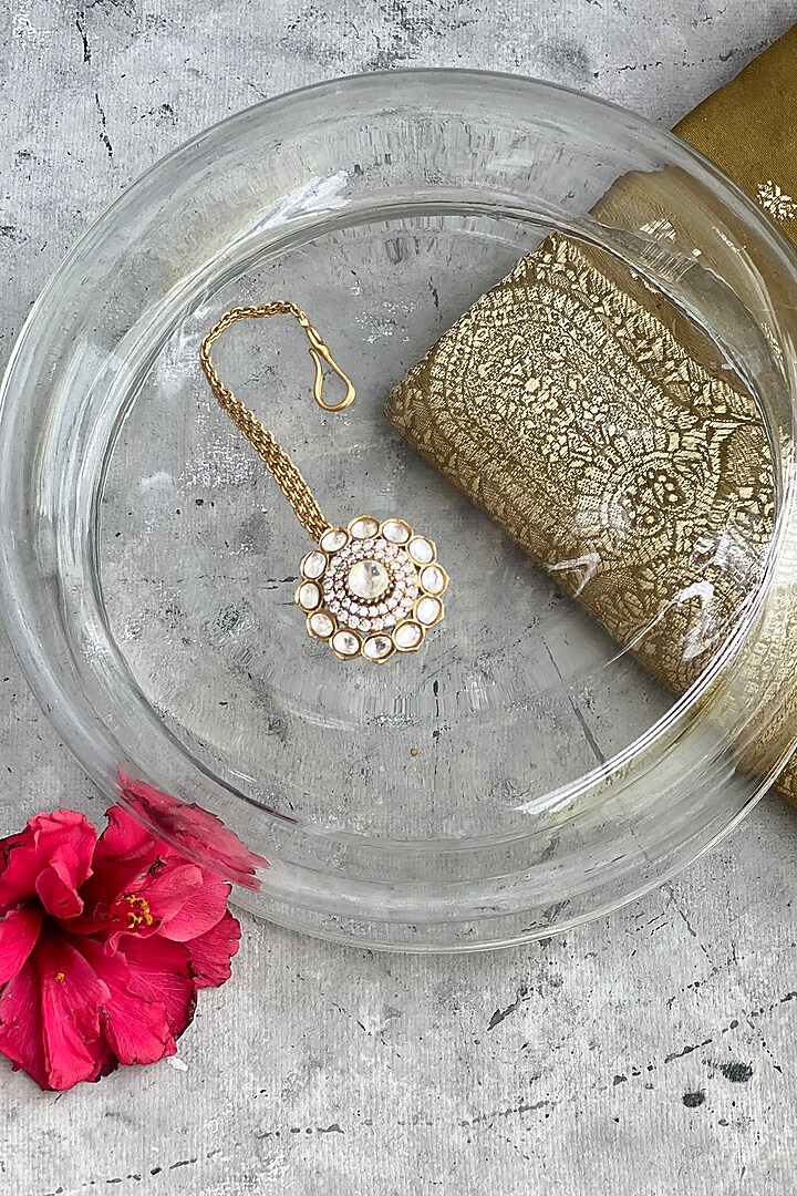 Gold Finish Kundan Polki & Zircon Maangtikka by Prestones at Pernia's Pop Up Shop