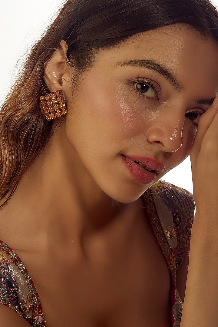 Gold Finish Orange Swarovski Stone Stud Earrings by Prestones at Pernia's Pop Up Shop