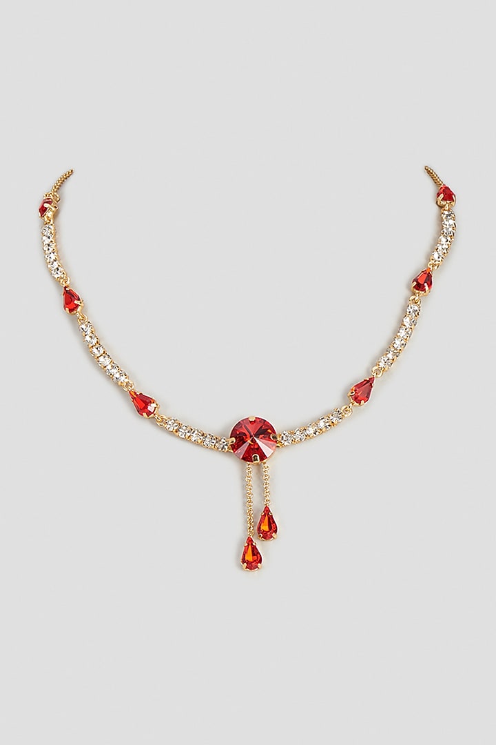 Gold Finish Red Swarovski Stone Necklace by Prestones at Pernia's Pop Up Shop