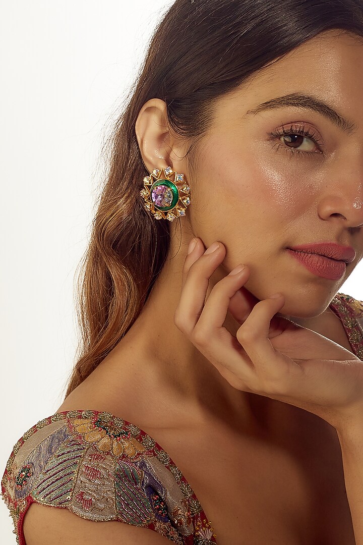 Gold Finish Pink Swarovski Stone Stud Earrings by Prestones at Pernia's Pop Up Shop