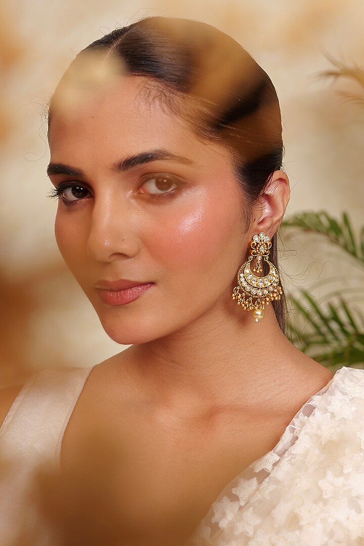 Antique Gold Finish Pearl & Glass Stone Dangler Earrings by Prestones at Pernia's Pop Up Shop