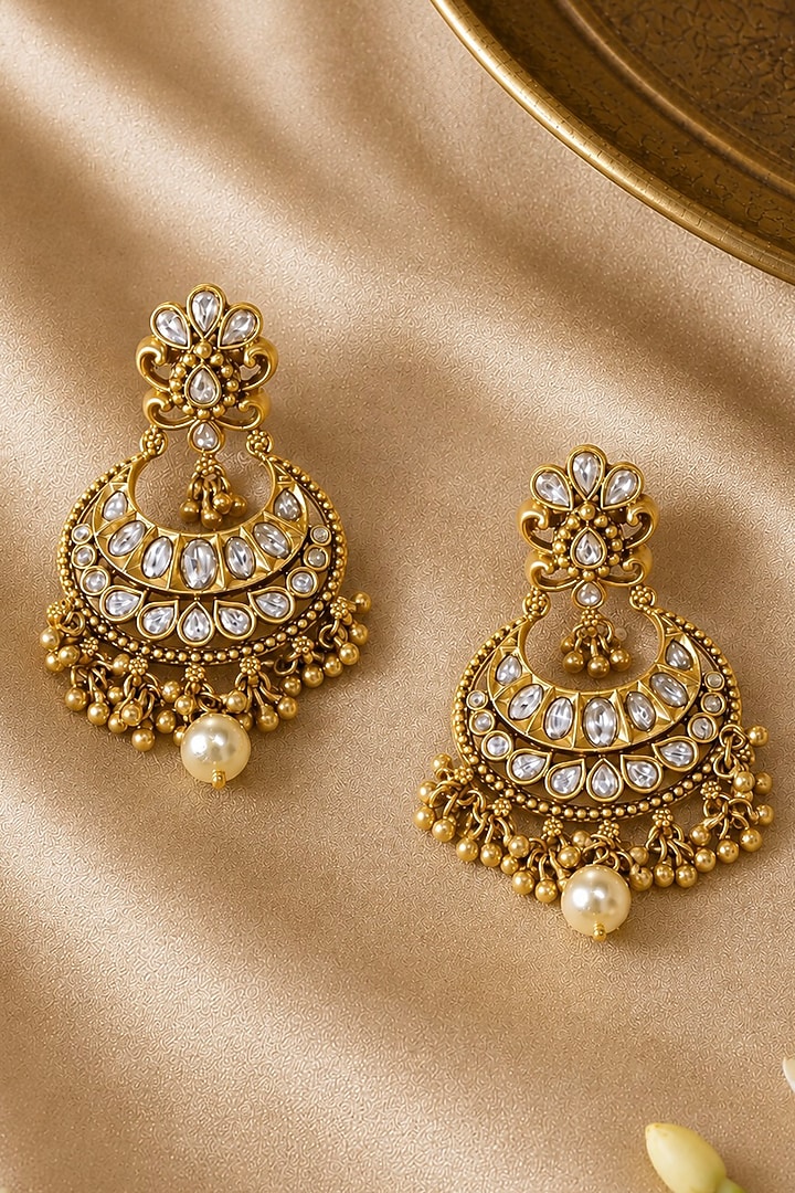 Antique Gold Finish Pearl & Glass Stone Dangler Earrings by Prestones at Pernia's Pop Up Shop