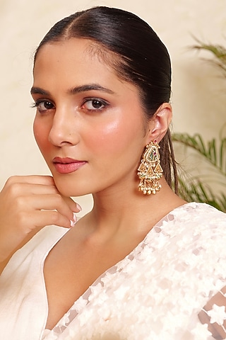 Antique Gold Finish Pearl & Ruby Stone Temple Meenakari Dangler Earrings by Prestones