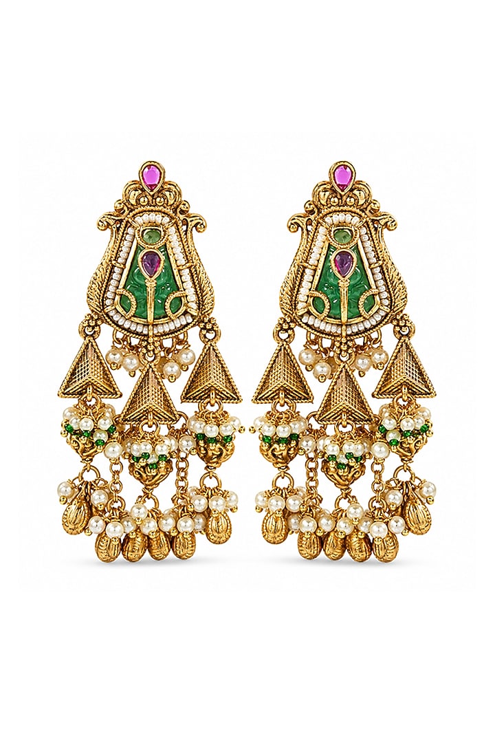 Antique Gold Finish Pearl & Ruby Stone Temple Meenakari Dangler Earrings by Prestones at Pernia's Pop Up Shop