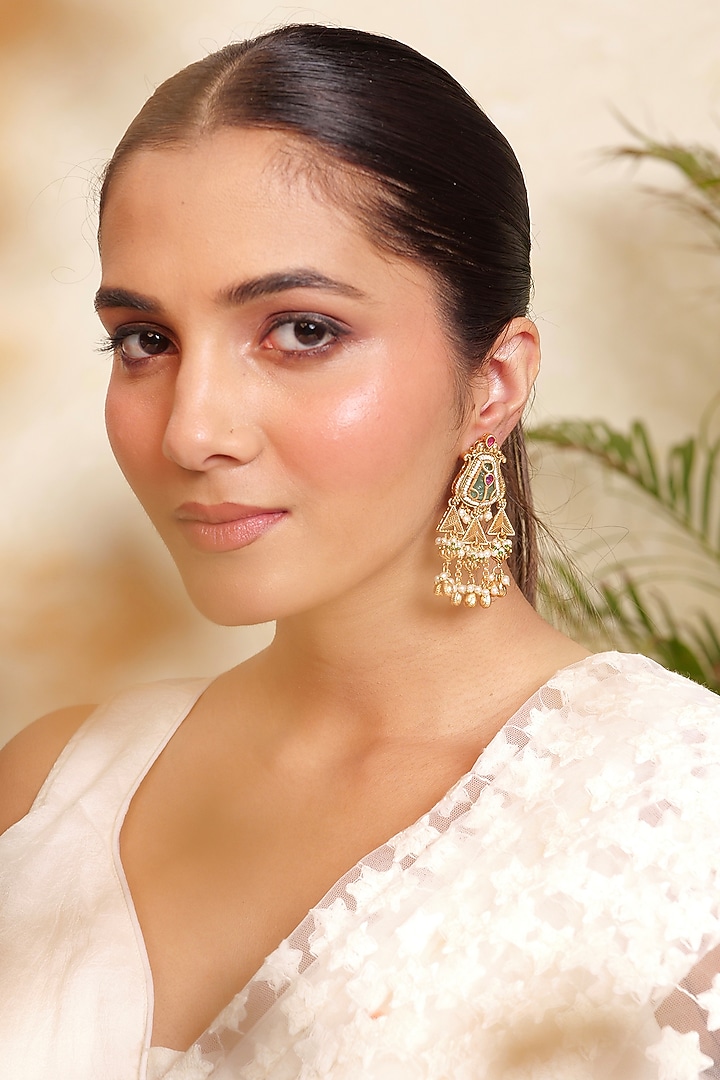 Antique Gold Finish Pearl & Ruby Stone Temple Meenakari Dangler Earrings by Prestones at Pernia's Pop Up Shop