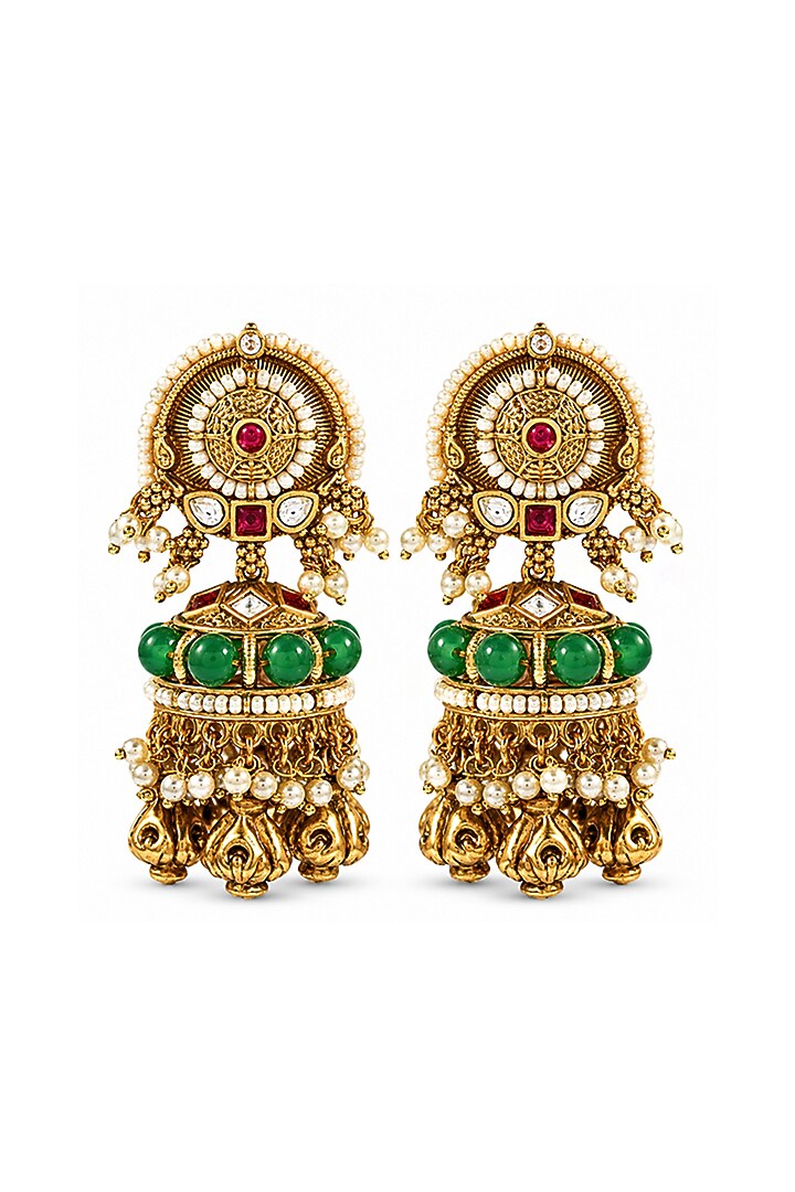 Antique Gold Finish Emerald Beaded & Ruby Stone Temple Jhumka Earrings by Prestones at Pernia's Pop Up Shop