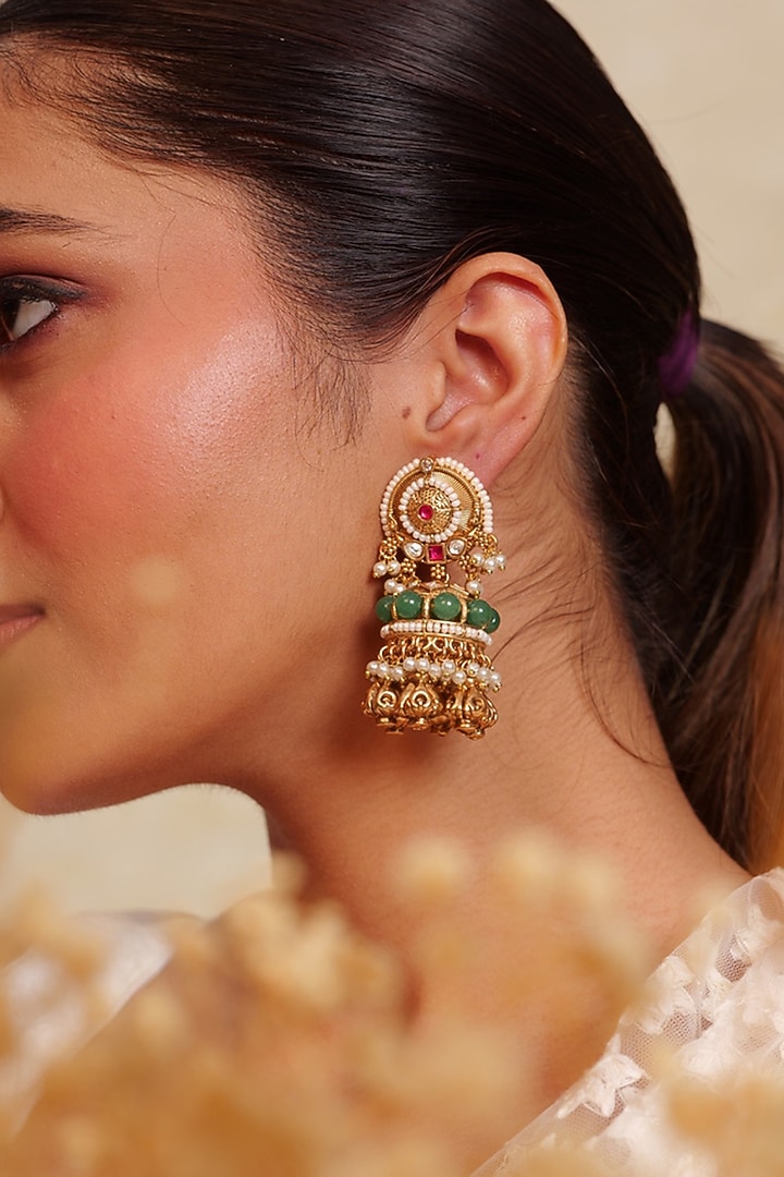 Antique Gold Finish Emerald Beaded & Ruby Stone Temple Jhumka Earrings by Prestones at Pernia's Pop Up Shop